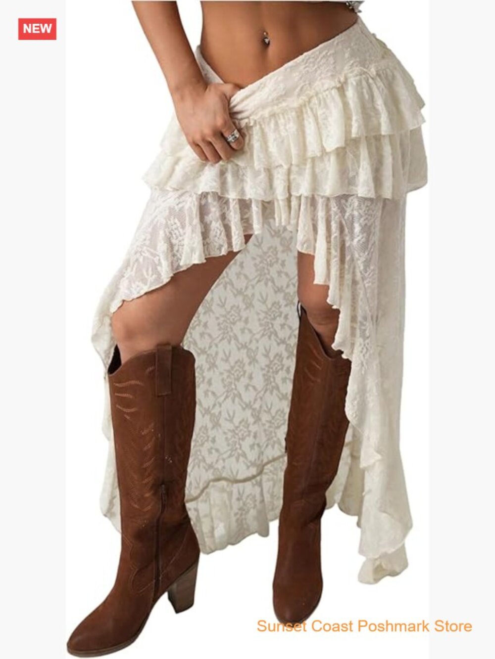 High Low Lace Skirt Low Rise Layered Ruffle Western Boho Hippie Fairy Long Skirt